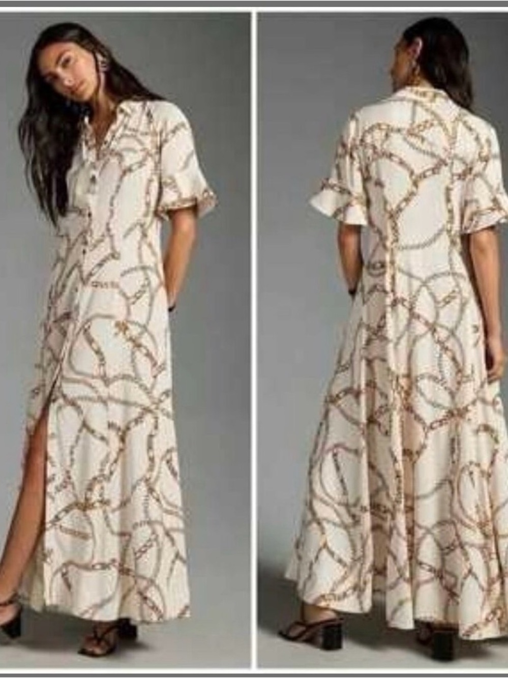 Anthropologie Cream Maxi Dress with Gold Chain Print